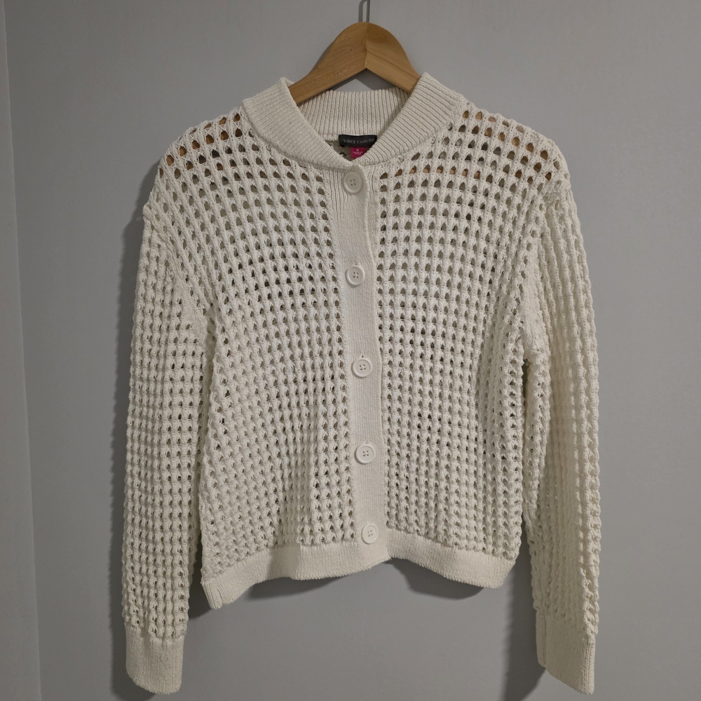Vince Camuto Ivory Open-Knit Button-Up Cardigan